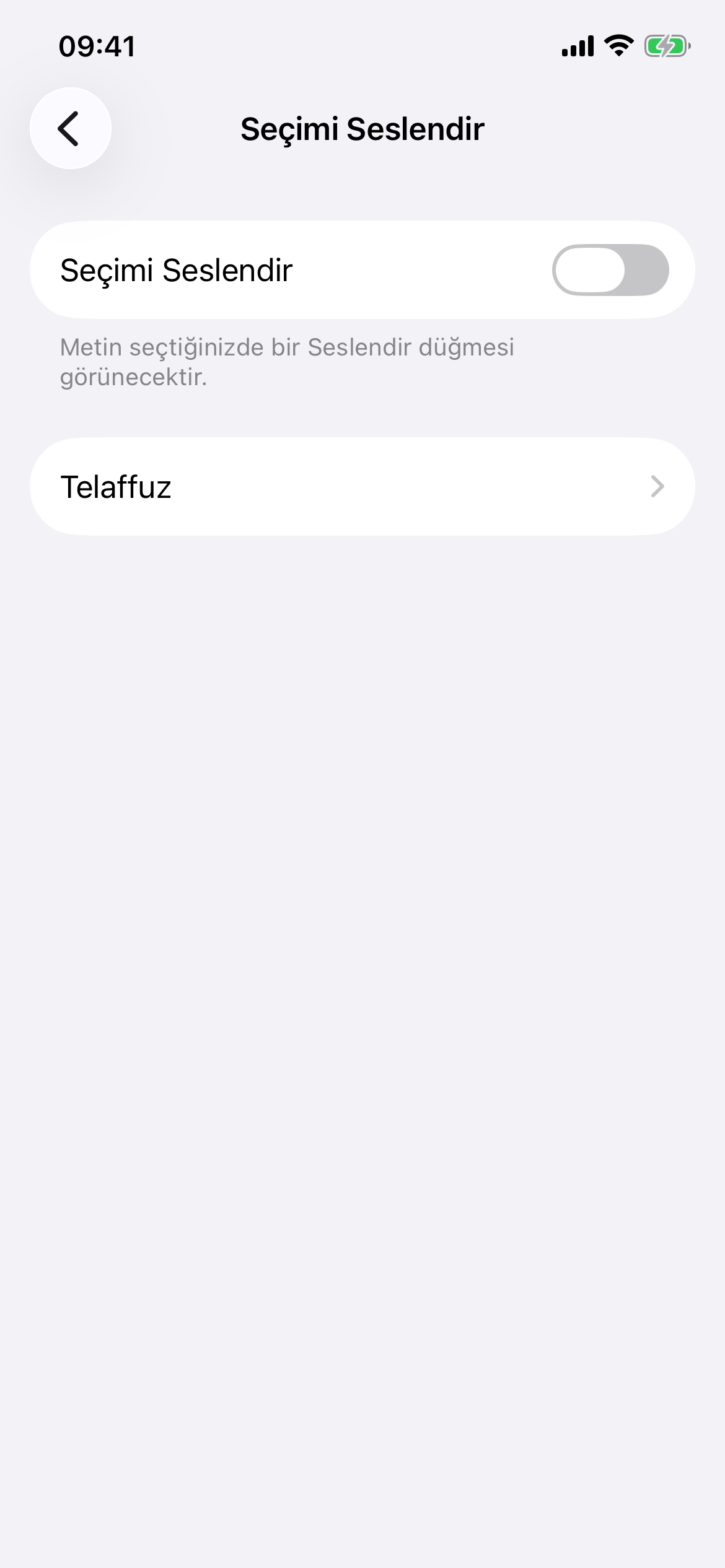 iPhone Seslendirilen İçerik ayarları ekranı