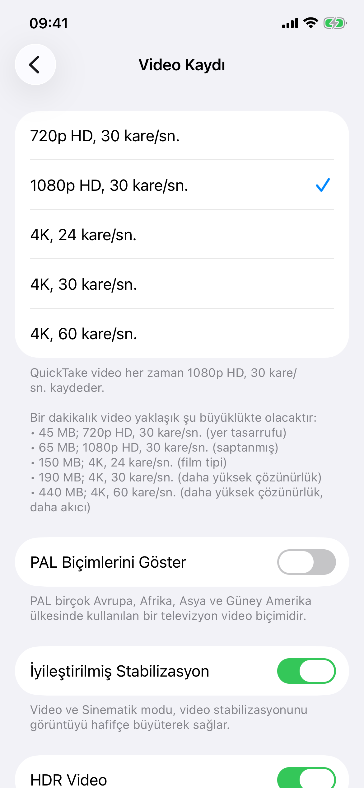 iPhone video kaydı çözünürlük seçenekleri